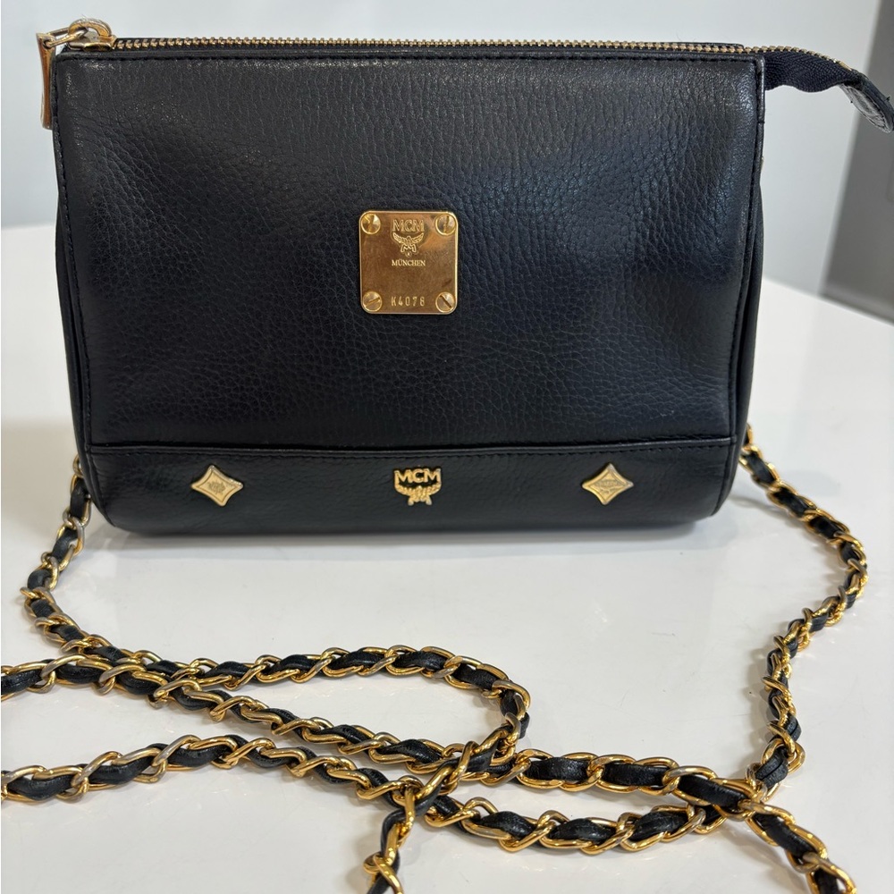 MCM Vintage Black Pebbled Leather Chain Crossbody Bag Gold Hardware - Picture 10 of 13